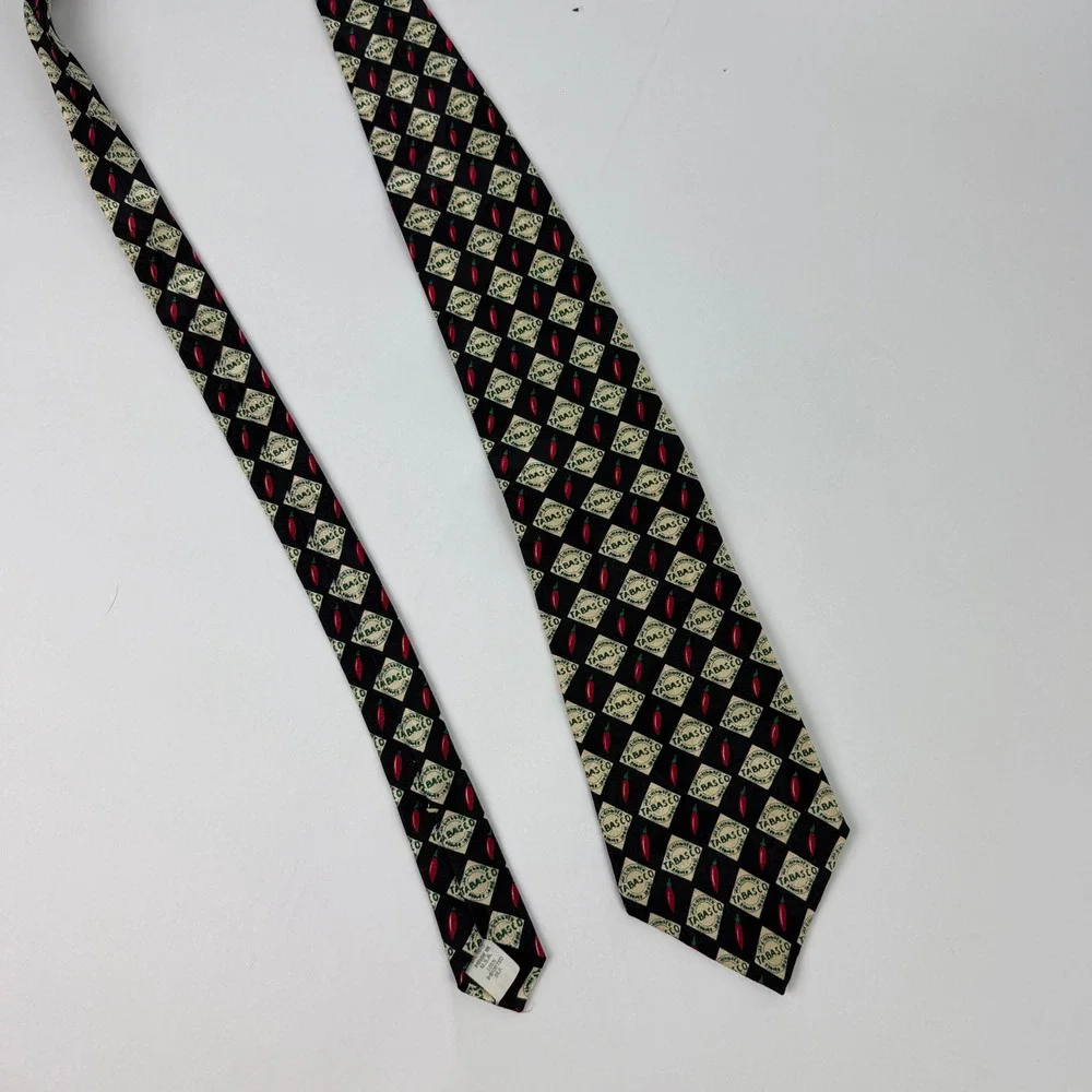 Tabasco Mens Silk Tie Black Red Chili Pepper Logo Hot‎ Sauce Novelty Made in USA